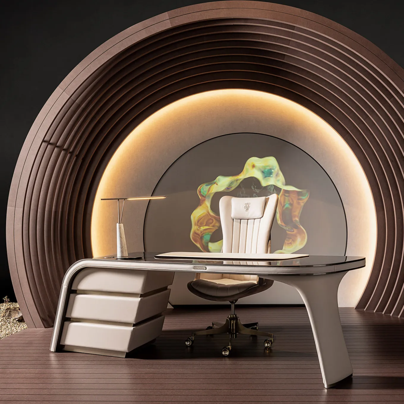 Ambassador Scrivania in Legno Beige e Pelle