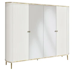 Armadio Bianco a 4 Ante con Specchio e Accenti in Metallo Oro