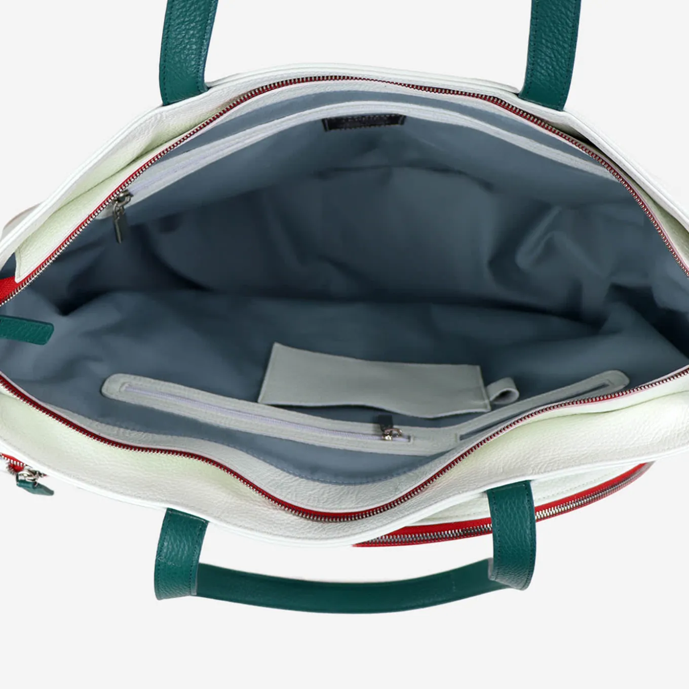 Borsa sportiva bianca e rossa con tasca a forma di racchetta da tennis