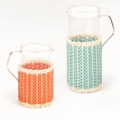 Brocca di vetro in pelle e rattan Marseille - Azzurro