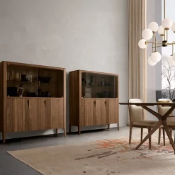 Cabinet Domino a 4 ante in vetro e noce canaletto