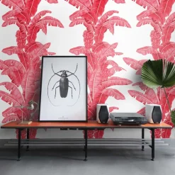 Carta da parati a foglie di palma tropicale in rosso e bianco