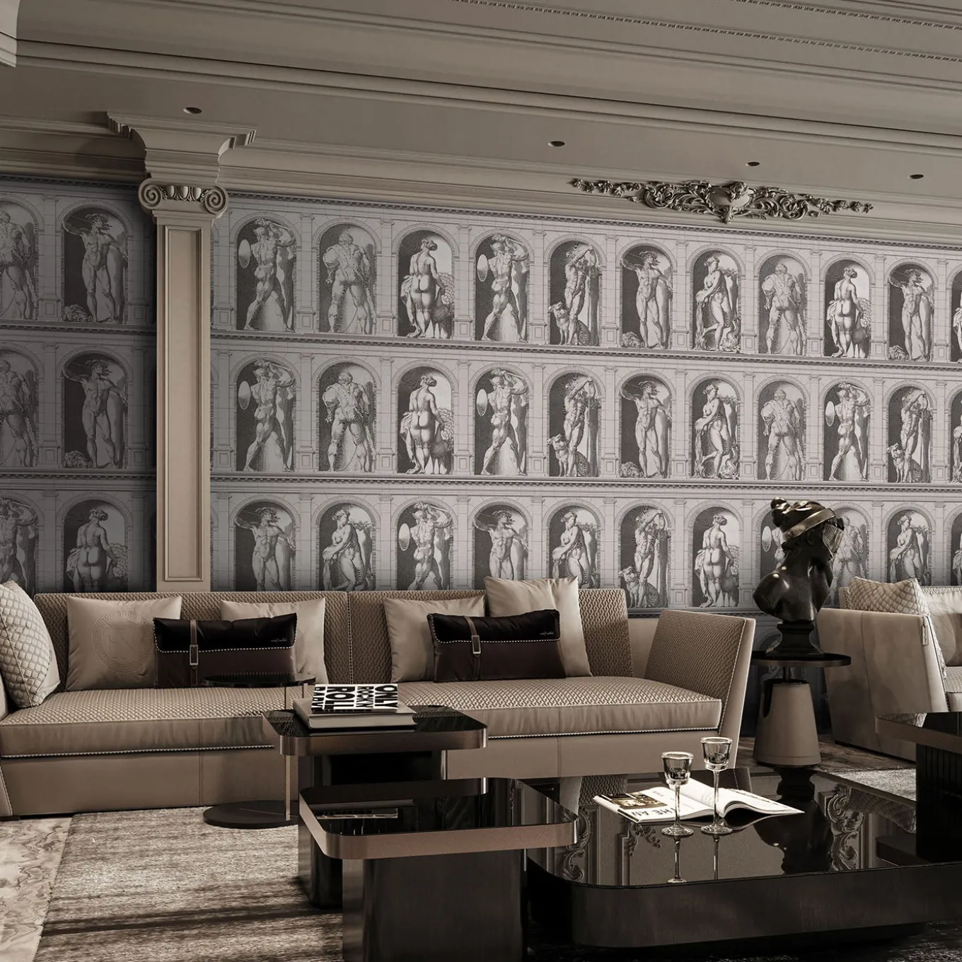 Carta da parati Archistatue con motivo di statue grigie