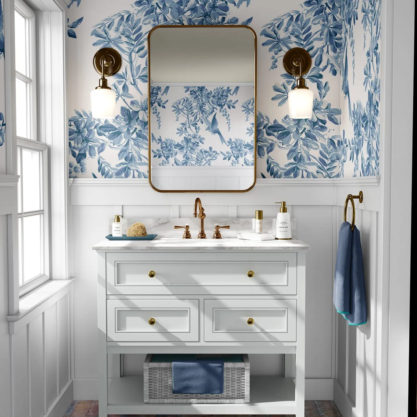 Carta da Parati Bucolica Blu e Bianca con Rami e Uccelli