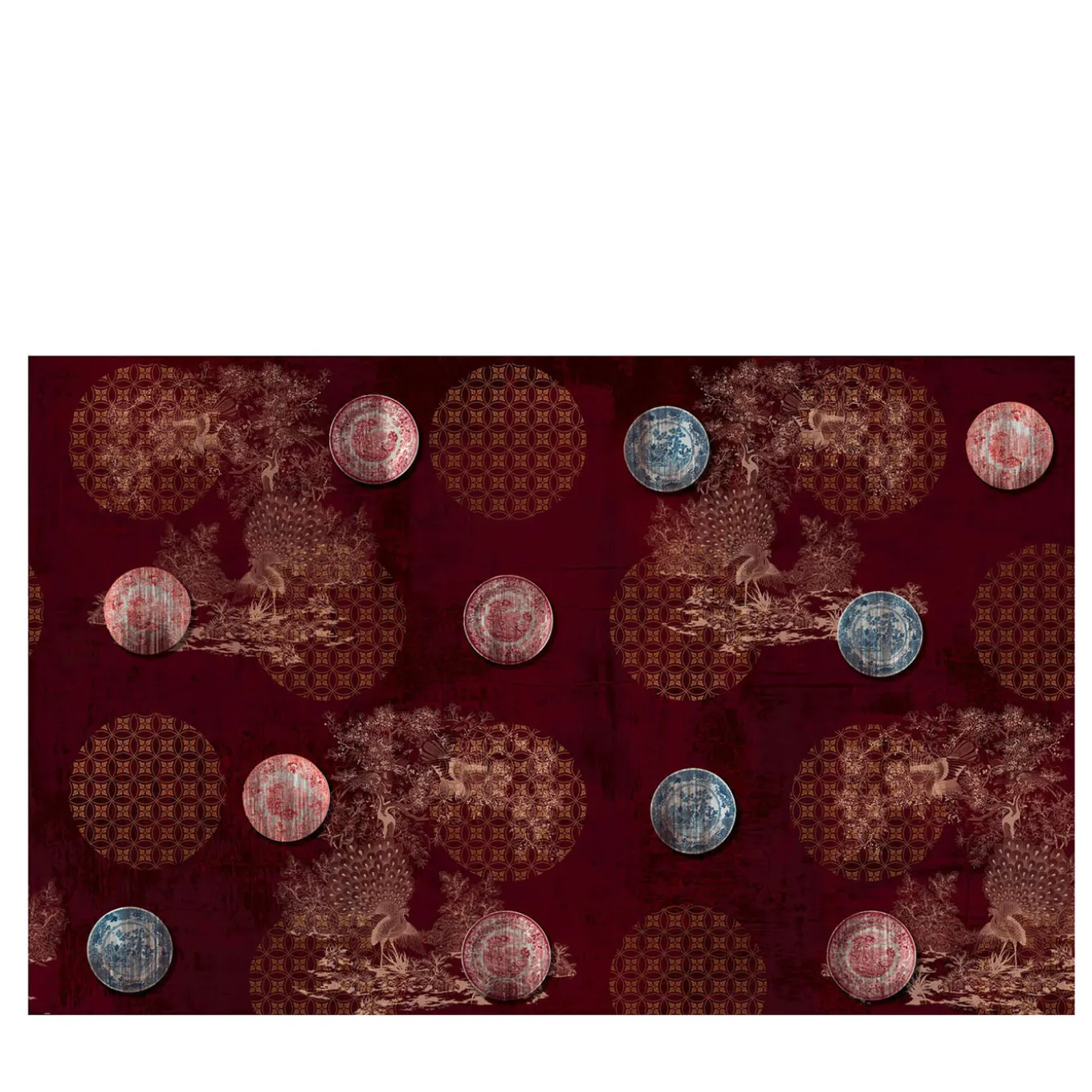 Carta da parati Chinese plates rossi e dorati con motivo a pavoni