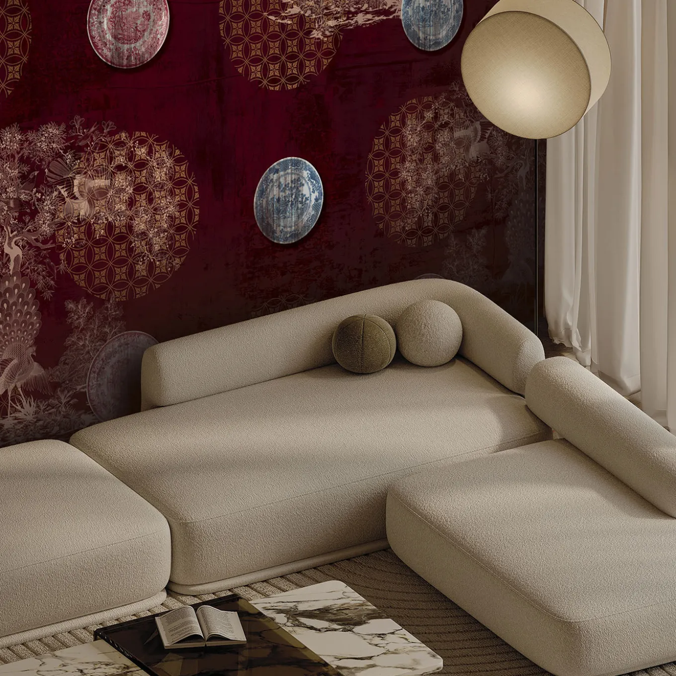 Carta da parati Chinese plates rossi e dorati con motivo a pavoni