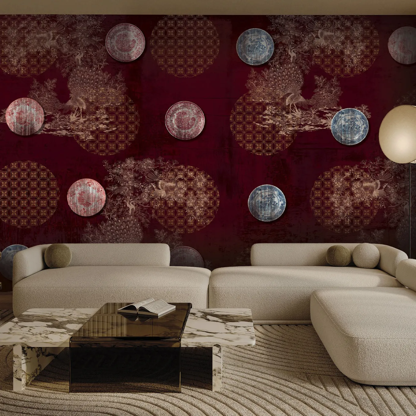 Carta da parati Chinese plates rossi e dorati con motivo a pavoni