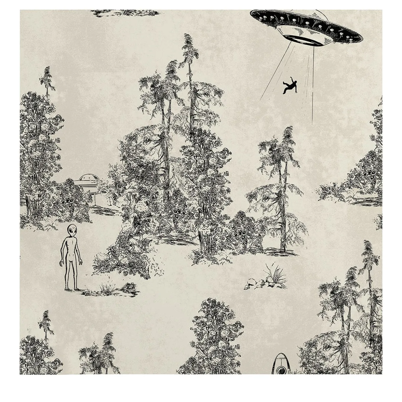 Carta da Parati Toile de Jouy Nera con Alien Abduction