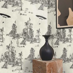 Carta da Parati Toile de Jouy Nera con Alien Abduction