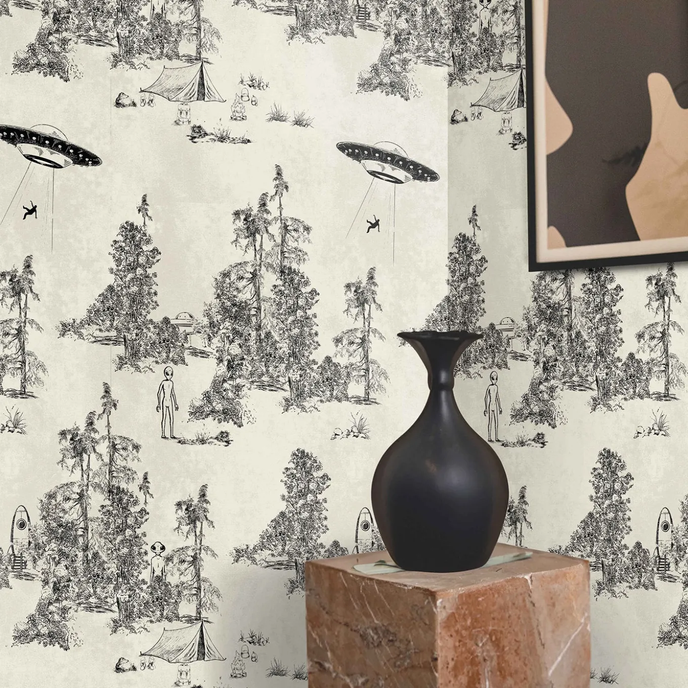 Carta da Parati Toile de Jouy Nera con Alien Abduction