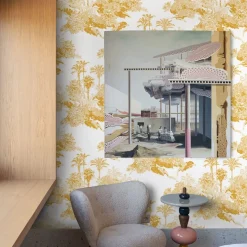 Carta da Parati Toile de Jouy Francese con Giungla Gialla Senape