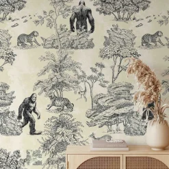 Carta da Parati Toile de Jouy in Toni Seppia con Bigfoot Mistico