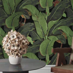 Carta da Parati Tropicale Nera e Verde con Foglie di Banano