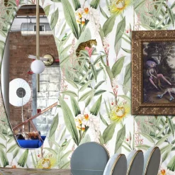 Carta da parati vintage Foresta tropicale con giaguari e pappagalli