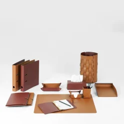 Cestino Bottega in pelle color cognac e bordeaux