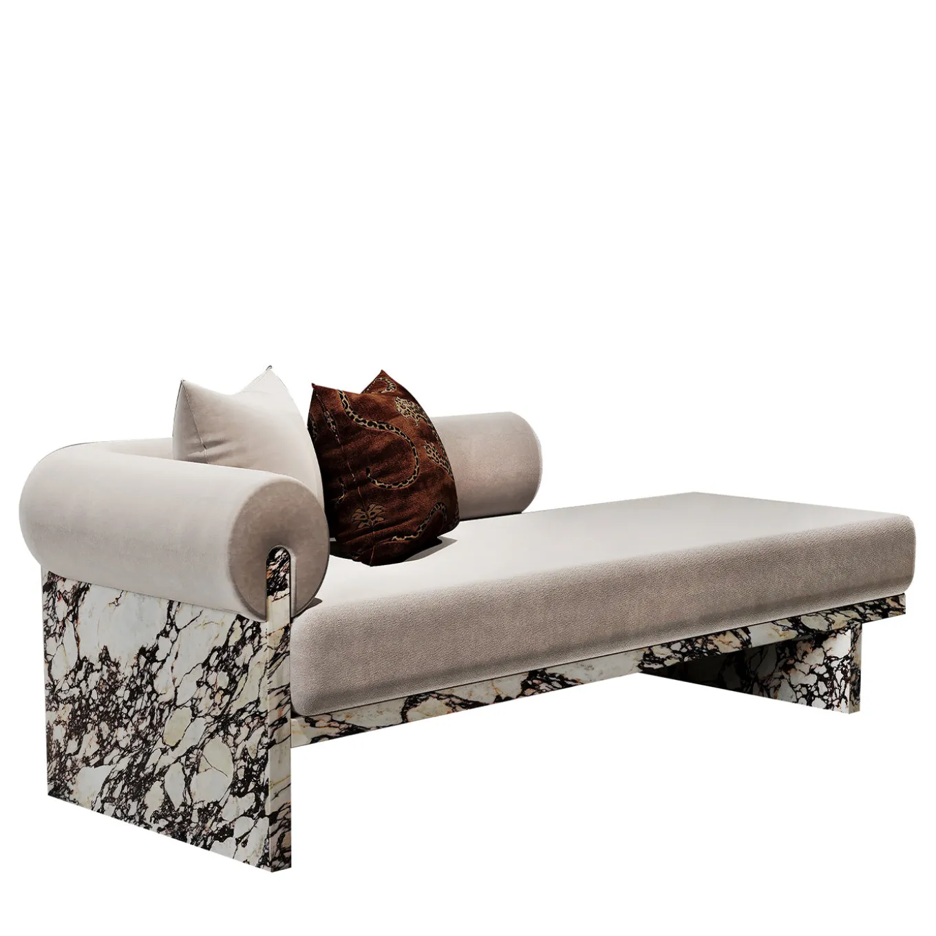 Chaise longue Luna in marmo Calacatta viola e seta mohair di Sheree Stuart Design