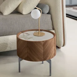 Comodino Opera in Noce Canaletto con Piano in Ceramica Calacatta