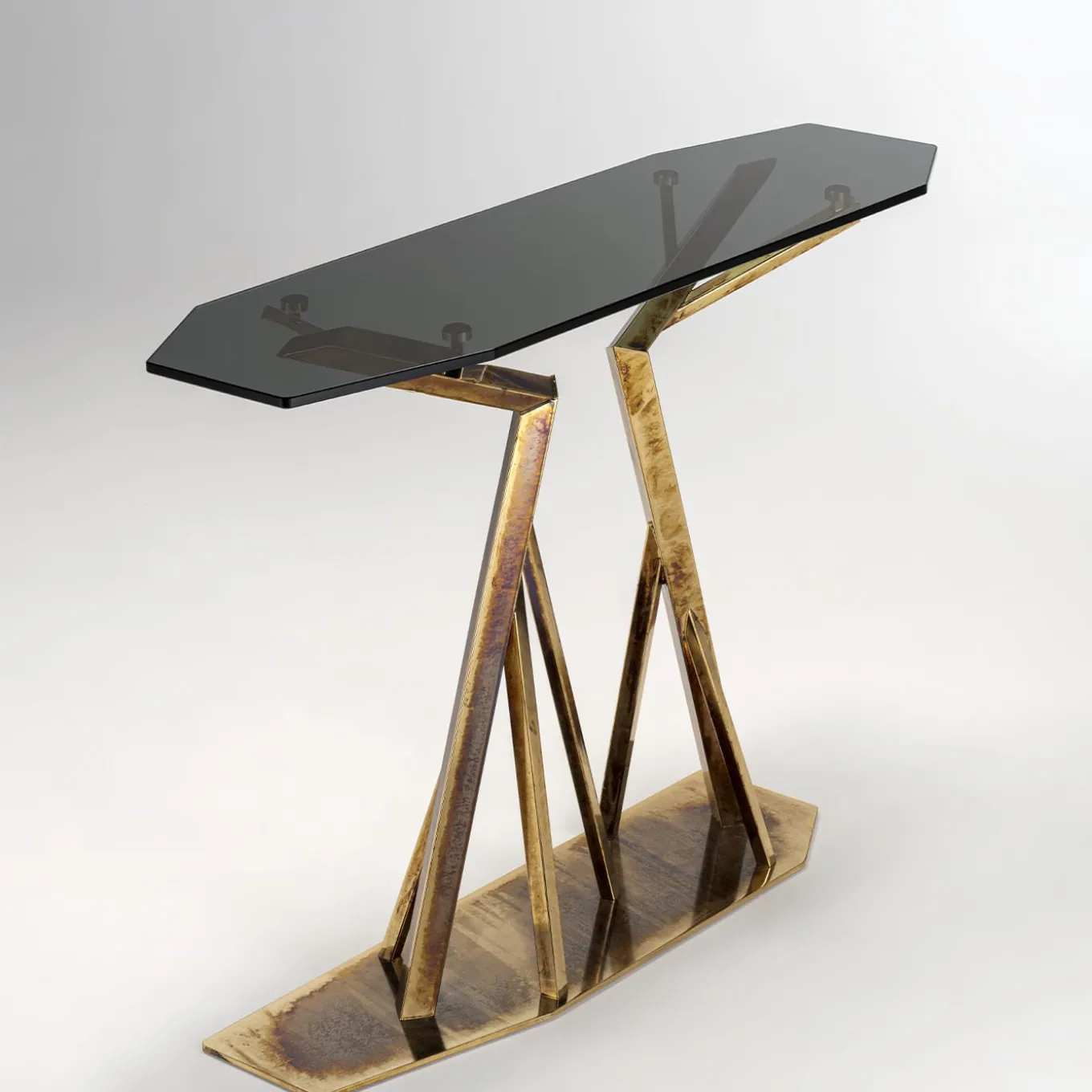 Consolle Acropora in Metallo Oro Antico con Piano in Vetro Bronzo