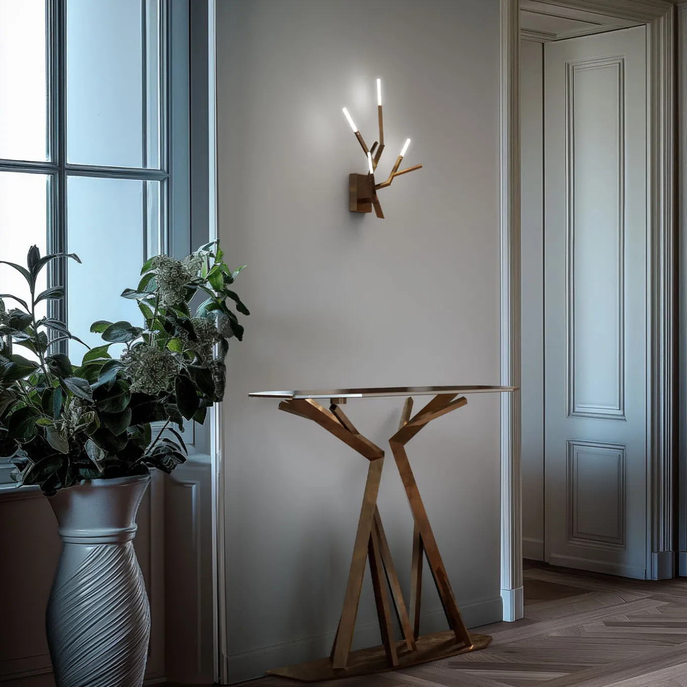 Consolle Acropora in Metallo Oro Antico con Piano in Vetro Bronzo