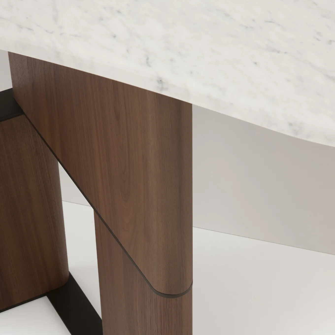 Consolle Tetris con piano in marmo e gambe in legno di noce canaletto