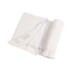 Coperta per neonati in 100% cashmere crema e blu baby con frange corte