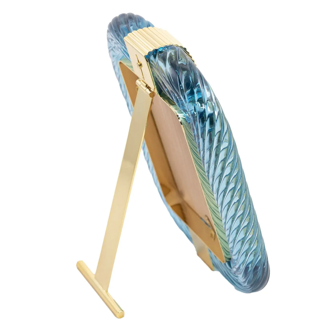 Cornice con Struttura in Ottone Lucido e Vetro a Torciglione Laguna Azzurro Chiaro