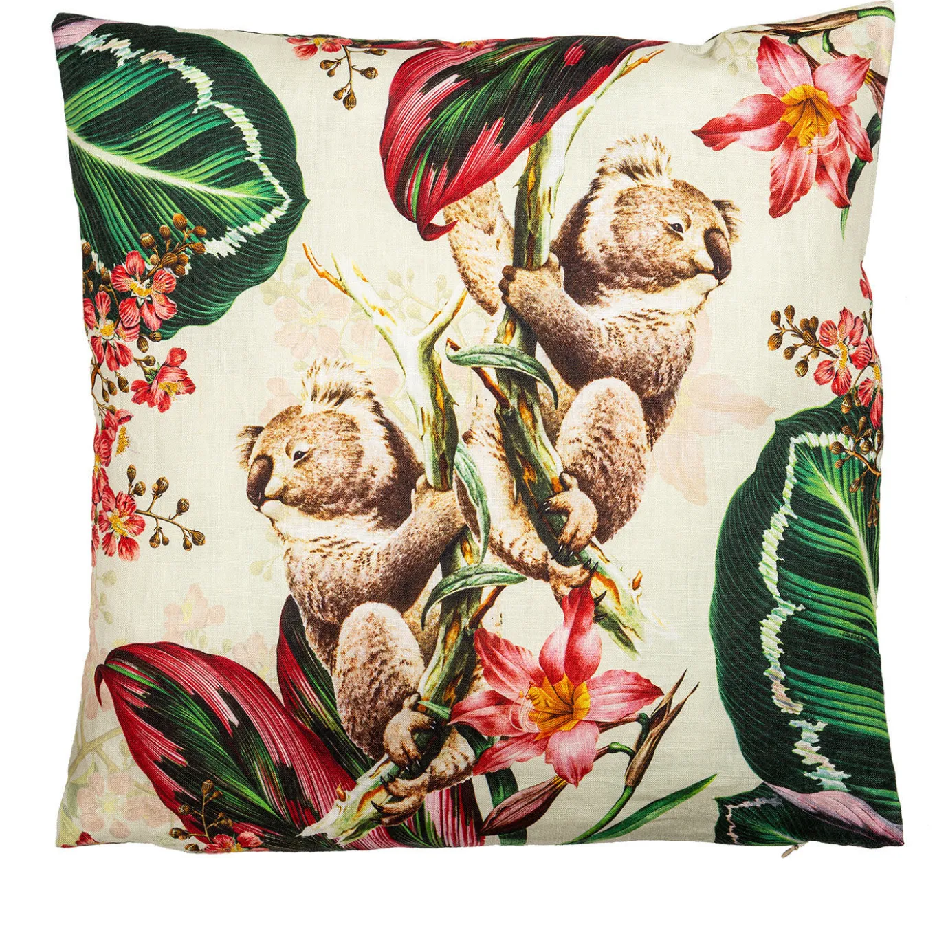 Cuscino in lino Animalia con Koala e fiori rosa