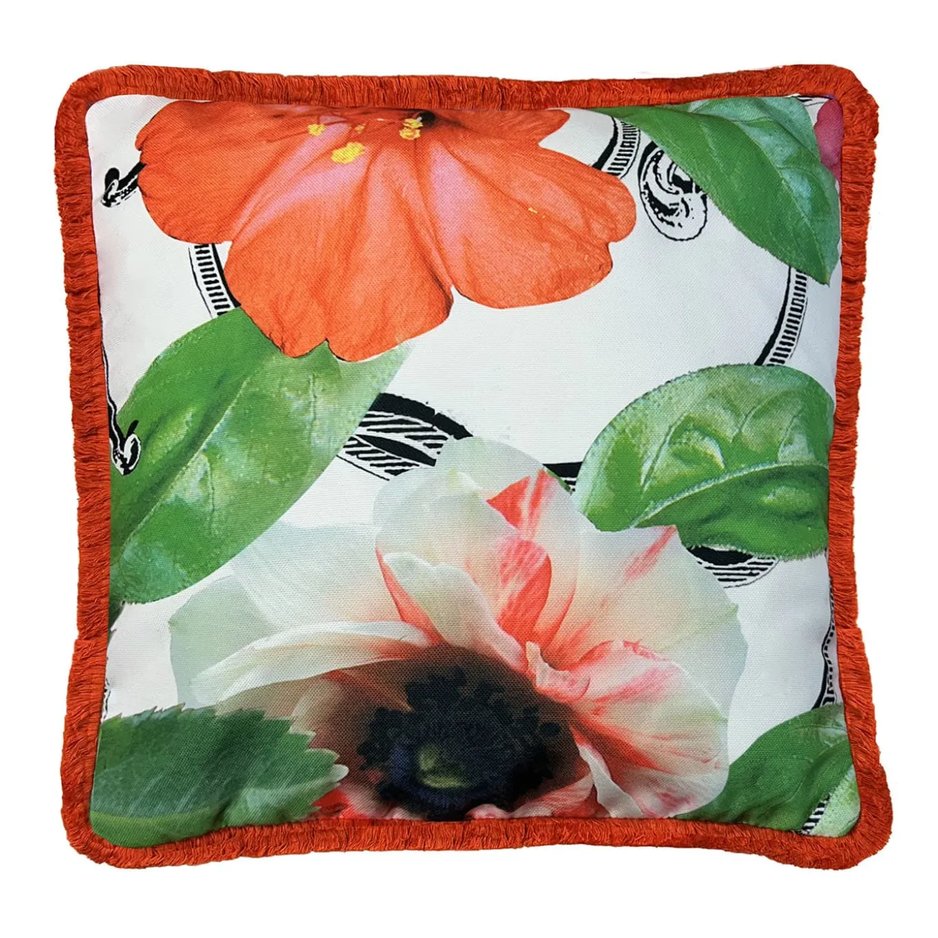 Cuscino quadrato con frange White Flower di Carlo Rampazzi