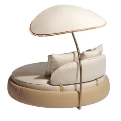 Daybed da esterno Siesta rotondo in tessuto beige con parasole