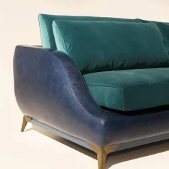 Divano Couch pelle blu e velluto ottanio