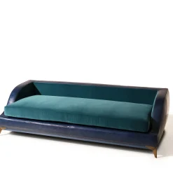 Divano Couch pelle blu e velluto ottanio