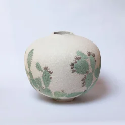 Flora Vaso da fiori in gres smaltato beige con disegni di fichi