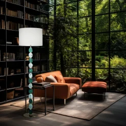 Lampada da terra Charme in vetro trasparente e acquamarina con paralume avorio