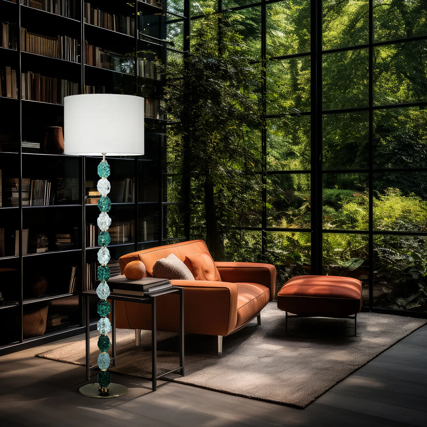 Lampada da terra Charme in vetro trasparente e acquamarina con paralume avorio