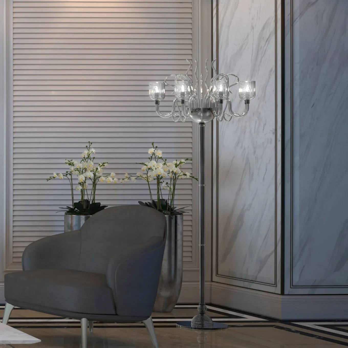 Lampada da terra Raffaello a 8 luci in vetro di Murano color grigio