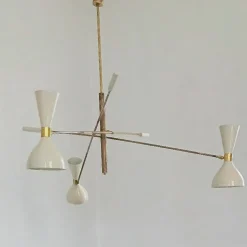 Lampadario regolabile a 3 bracci in ottone e avorio Contrappeso