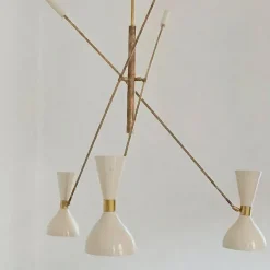 Lampadario regolabile a 3 bracci in ottone e avorio Contrappeso