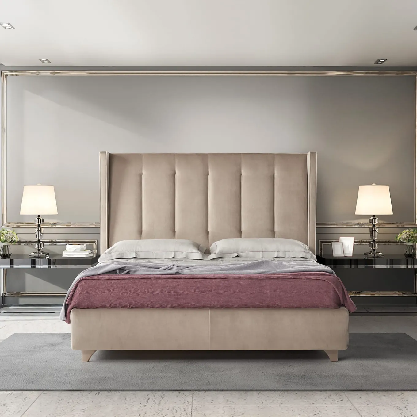 Letto Edo in velluto beige trapuntato