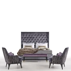 Letto Guidon in velluto viola trapuntato