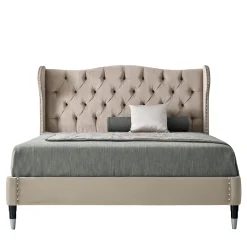 Letto imbottito beige con gambe in legno di faggio e metallo