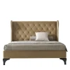 Letto imbottito beige con gambe in legno di faggio