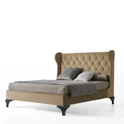 Letto imbottito beige con gambe in legno di faggio
