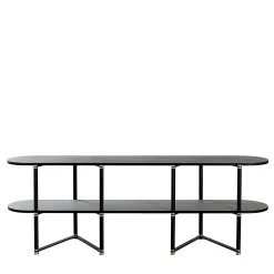 Libreria Boomerang in metallo nero e ottone con 2 ripiani di Pietro Russo Design