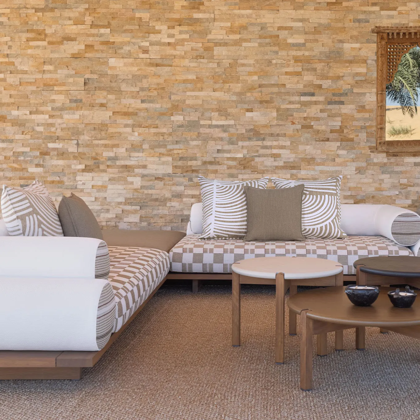 Majlis Bianco Composizione 216L + Pouf Beige 121 + Divano 266R