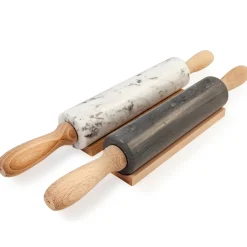 Mattarello in marmo grigio con manico in legno