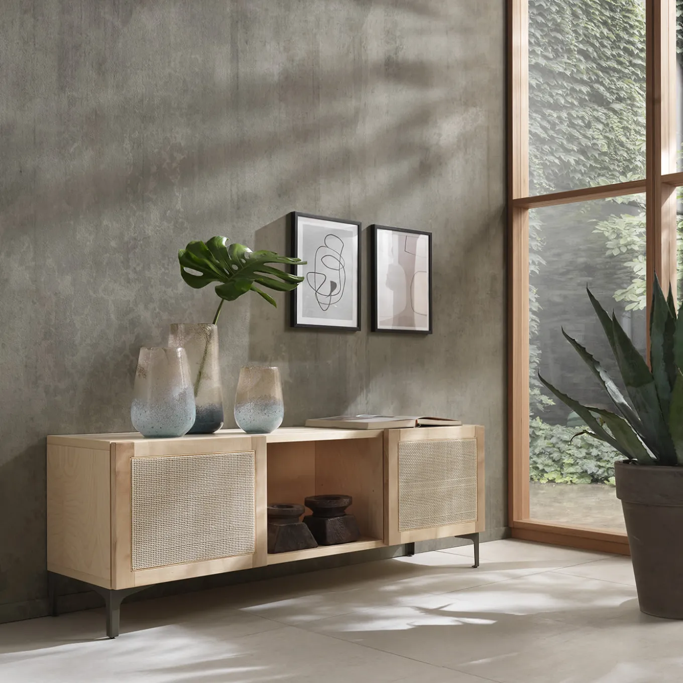 Mobile Porta TV Elisa in Legno con Ante in Tessuto di Midollo