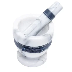 Mortaio con pestello in pelle marrone/marmo bianco