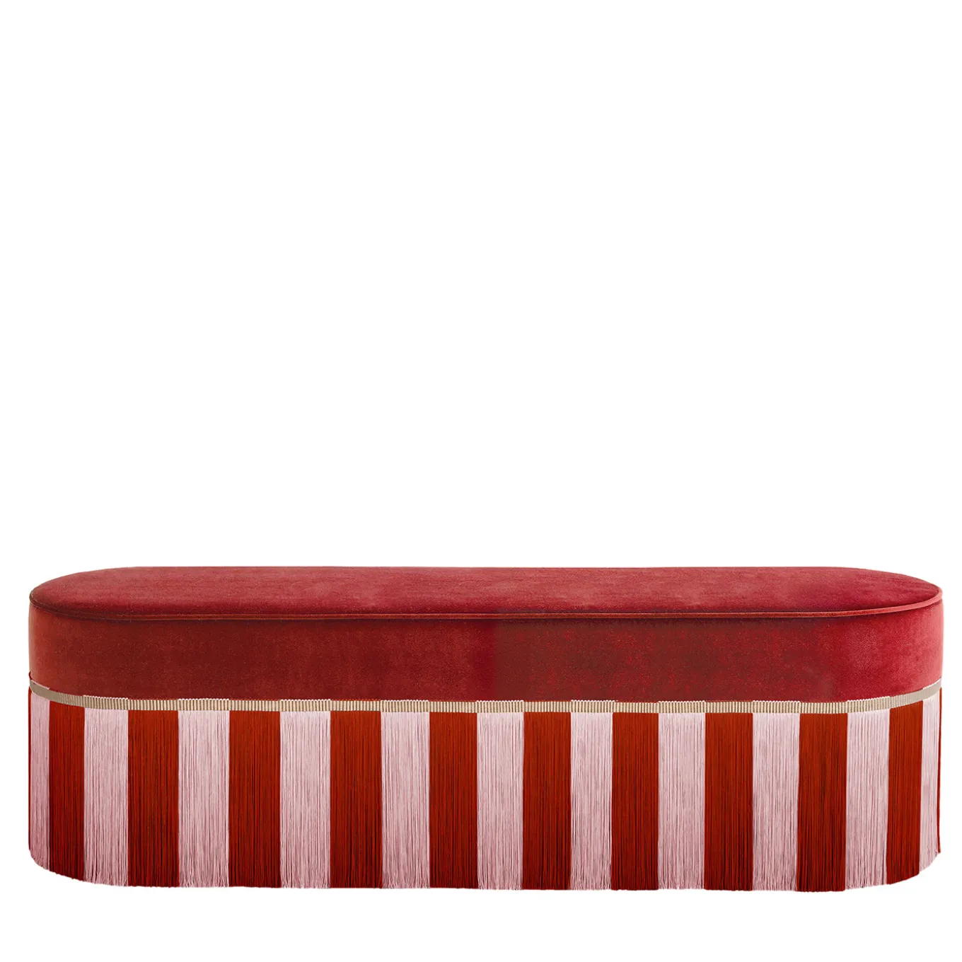 panchina in velluto rosso con frangia bicolore