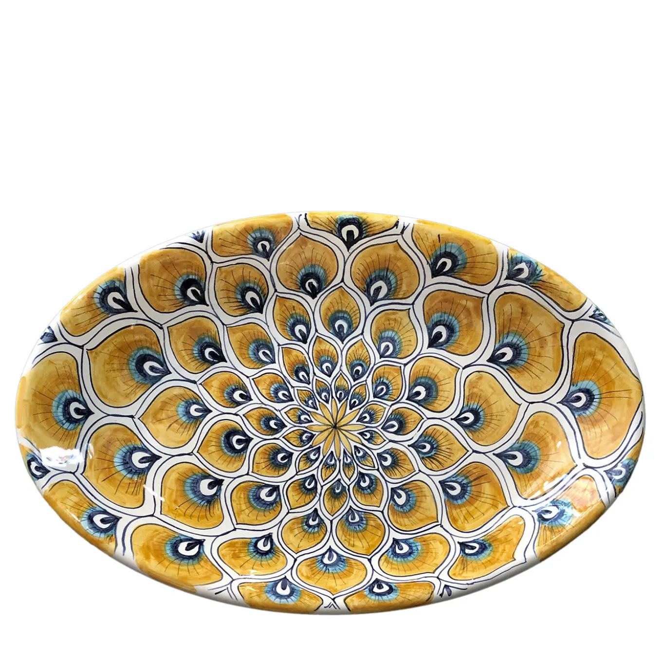 Piatto ovale con piume di pavone giallo