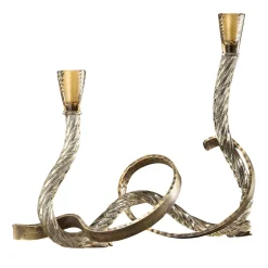 Portacandele Ribbon in Vetro di Murano Champagne e Ottone Curvato a Mano